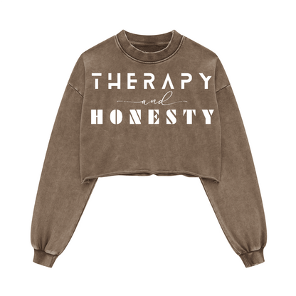 Ladies Long Sleeve Cropped Top Therapy and Honesty [White]
