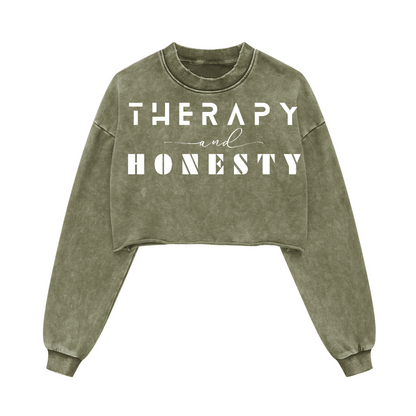 Ladies Long Sleeve Cropped Top Therapy and Honesty [White]